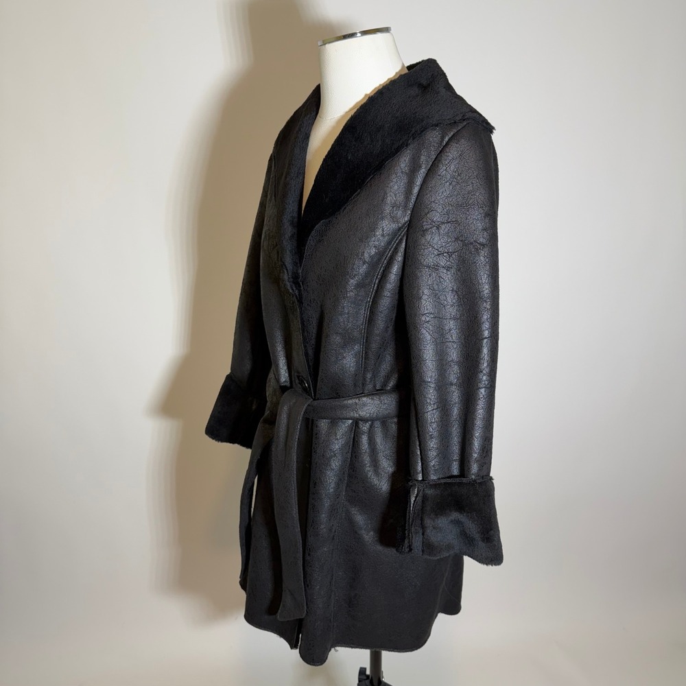 Calvin Klein Faux Suede/Shearling Fur Lined Trench Coat Belted Womens XS Black - Picture 4 of 12